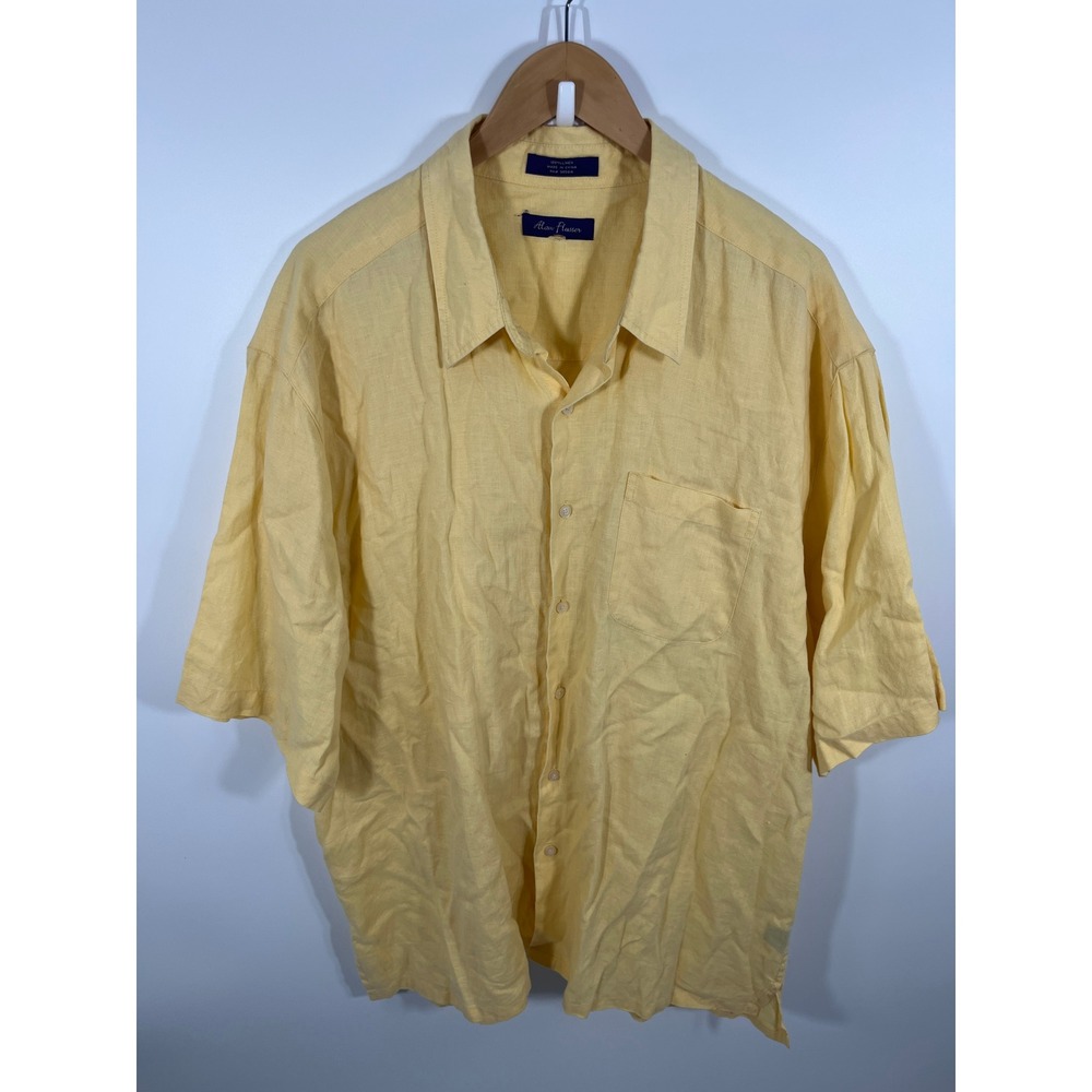 Mens 100% Linen Button Up 2XL Yellow Beach Resort Euro Summer Lightweight